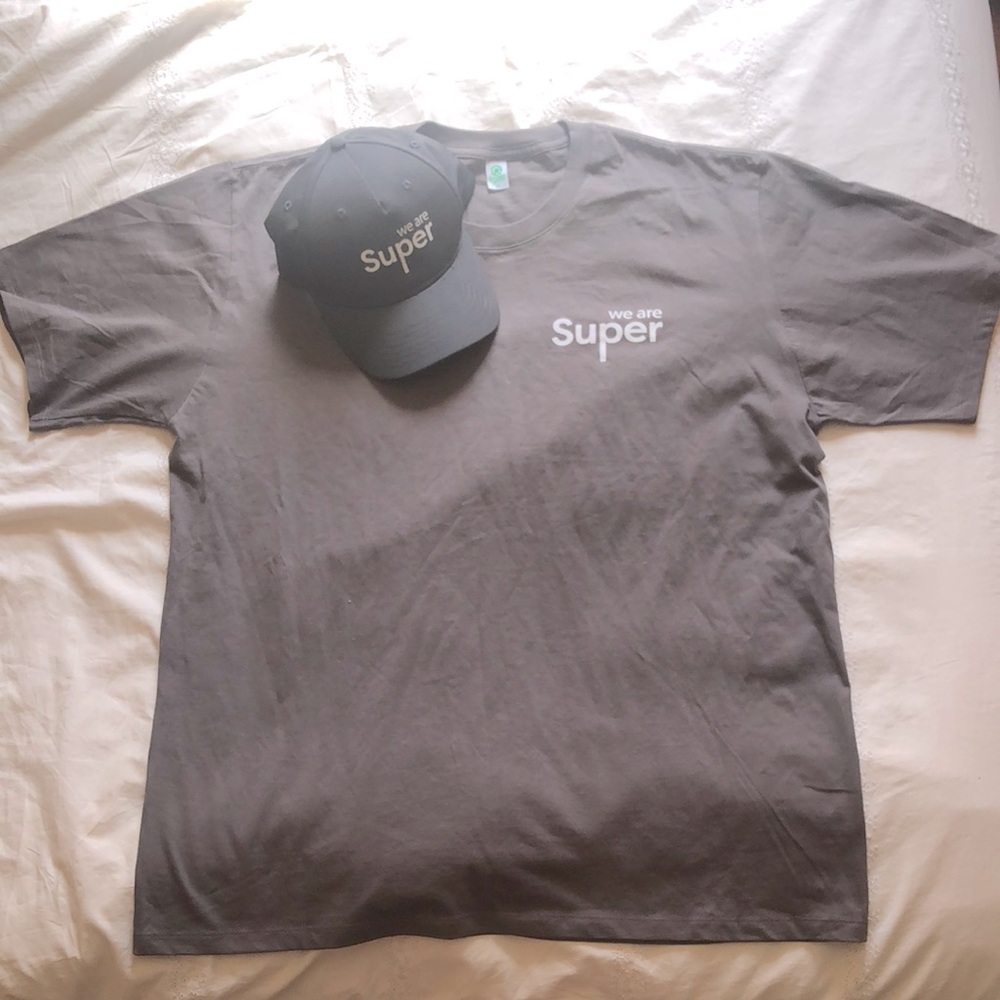 Gray T-Shirt and Matching Baseball Cap with Slogan “We are Super”